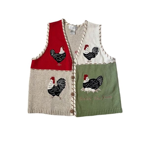 Mandal Bay Jackets & Blazers - Mandal Bay “Rulin the Roost” Vintage Rooster Hen Sweater Vest Button Up